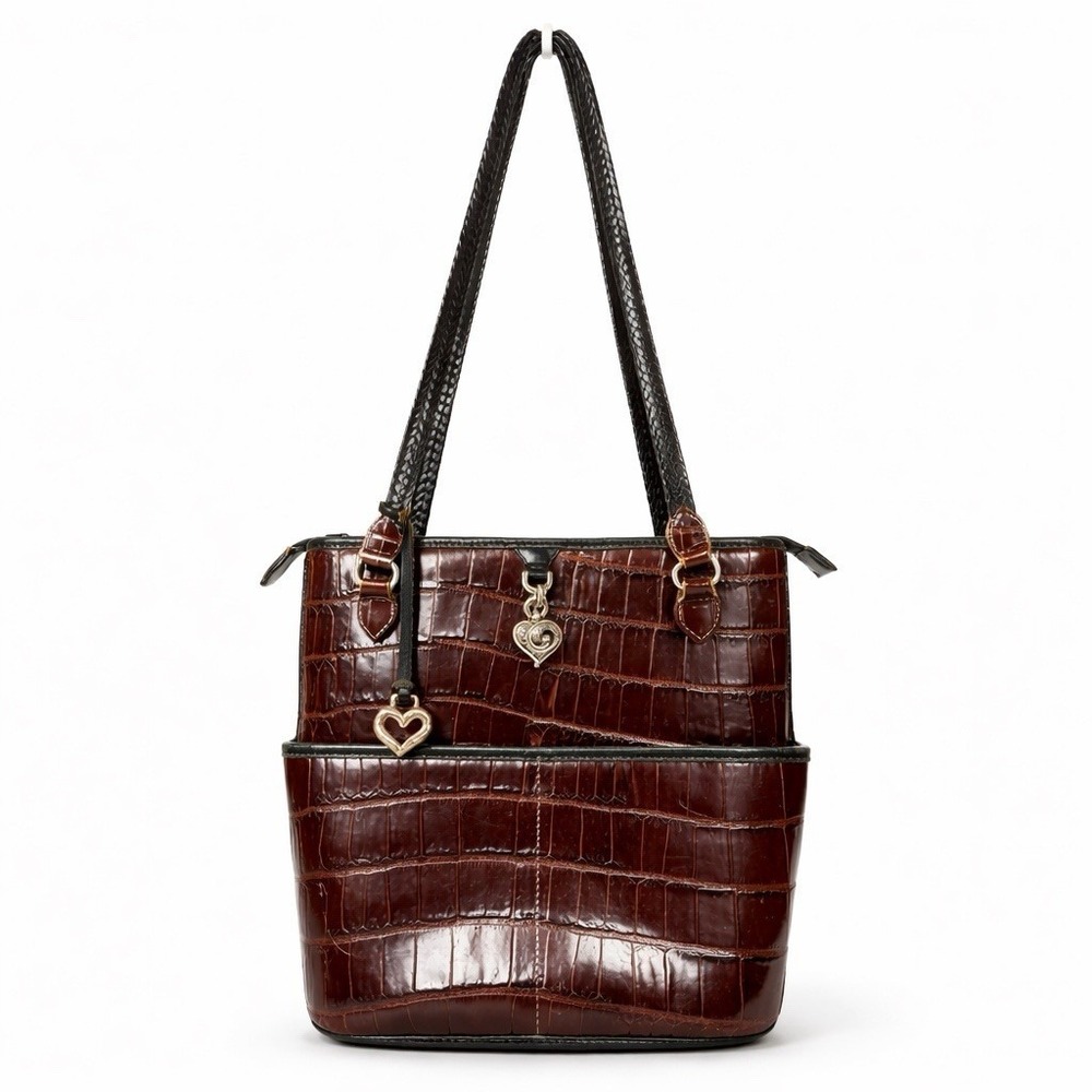Brighton Crocodile‎ Embossed Shoulder Bag Heart Charm Silver Hardware Y2K